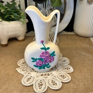 Vintage Duncan Ceramics 6" Pitcher Vase | Raised Purple Roses Hand Painted Ewer